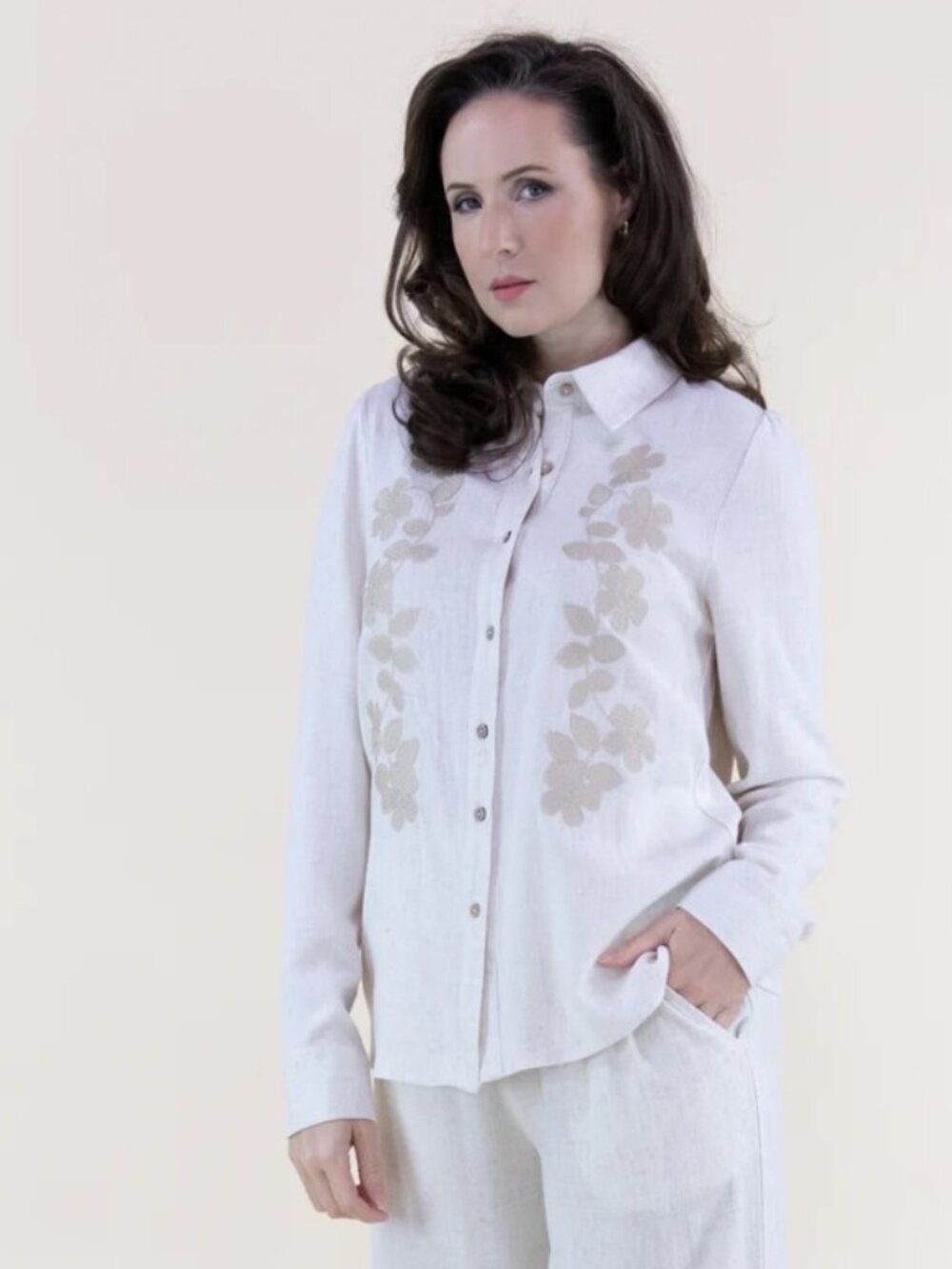 MDM05. Elegant Ivory Linen Floral Embroidered Button-Up Top & Wide-Leg Pants Set - Picture 2 of 4